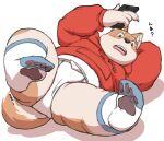  2021 anthro asian_clothing belly blush canid canine canis cellphone clothing domestic_dog east_asian_clothing fundoshi hoodie humanoid_hands japanese_clothing japanese_text kemono male mammal meg_hoi overweight overweight_male phone shiba_inu smartphone solo spitz text topwear underwear white_clothing white_fundoshi white_underwear 