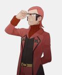  1boy adjusting_eyewear arm_behind_back black-framed_eyewear black_eyes black_shirt bodysuit closed_mouth coat commentary_request frown glasses hand_up jaho long_sleeves male_focus maxie_(pokemon) medium_hair open_clothes open_coat pokemon pokemon_(game) pokemon_oras red_bodysuit red_coat red_hair red_shorts ribbed_bodysuit shirt shorts solo team_magma 