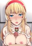  1boy 1girl bangs blonde_hair blue_eyes blush breasts breasts_outside brown_capelet brown_gloves capelet clip_studio_paint_(medium) commentary_request earmuffs erection evelysse_(star_ocean) eyebrows_visible_through_hair fur-trimmed_capelet fur-trimmed_gloves fur_trim gloves hair_ribbon hairband hetero long_hair looking_at_viewer medium_breasts nagioka nipples nose_blush open_mouth paizuri penis pov red_hairband ribbon snow_white_evelysse solo_focus star_ocean star_ocean_anamnesis upper_body white_ribbon 