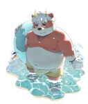  2021 anthro beach belly clothing giant_panda hi_res horn humanoid_hands kemono male mammal moobs morian_xs navel nipples outside overweight overweight_male seaside solo swimwear ursid water 