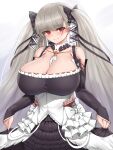  1girl absurdres azur_lane bangs between_breasts black_dress black_ribbon breasts cho!cho! cleavage closed_mouth detached_sleeves dress eyebrows_visible_through_hair formidable_(azur_lane) grey_hair hair_ribbon highres huge_breasts long_hair looking_at_viewer red_eyes ribbon smile solo twintails two-tone_dress two-tone_ribbon very_long_hair white_dress white_ribbon 