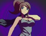  1girl asahina_aoi bangs bare_arms bare_shoulders black_jacket breasts brown_hair cleavage closed_mouth danganronpa_(series) danganronpa_3_(anime) green_eyes grey_shirt holding holding_clothes holding_jacket jacket large_breasts long_hair ponytail purple_background qosic shirt sidelocks solo upper_body 