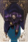  1boy armor cape closed_eyes fate/grand_order fate_(series) gloves hand_on_own_chest highres knights_of_the_round_table_(fate) lancelot_(fate/grand_order) male_focus mature_male one_knee purple_armor purple_cape purple_gloves purple_hair short_hair solo tobi0728 