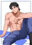  1boy abs absurdres artist_name bara black_hair blue_eyes blue_pants boots closed_mouth dick_grayson highres kuroshinki large_pectorals looking_at_viewer male_focus muscular muscular_male navel nightwing nipples pants pectorals short_hair simple_background sitting solo topless_male veins veiny_arms young_justice 