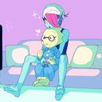  &lt;3 3_toes 4_fingers 5_toes alphys animal_humanoid anthro bangs bare_shoulders black_clothing black_shirt black_tank_top black_topwear blue_body blue_clothing blue_eyes blush blush_lines breasts buckteeth button_(fastener) chin_on_head clothing colored_nails container cup cup_noodles cutlery duo ear_fins ear_frill eyelashes eyeshadow eyewear feet female fin fingers fish fish_humanoid frill_(anatomy) furniture glasses hair hair_over_eye head_spikes hi_res holding_object holding_tool holding_utensil humanoid humanoid_feet inside kitchen_utensils light lighting lizard makeup marine marine_humanoid nails non-mammal_breasts noseless on_lap on_sofa one_eye_obstructed open_mouth ouse pajamas pillow pink_sofa pupils red_eyeshadow red_hair red_nails reptile scalie screen_light sharp_teeth shirt sitting size_difference skinny slim slit_pupils smile sofa sparkles spikes spikes_(anatomy) spoon tank_top teeth television toes tools topwear towel_on_head undertale undertale_(series) undyne video_games watching_tv yellow_body yellow_sclera yellow_teeth 