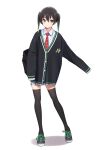  1girl backpack bag bangs black_cardigan black_footwear black_hair black_legwear cardigan closed_mouth collared_shirt deadnooodles eyebrows_visible_through_hair full_body gradient_hair green_eyes green_hair hair_between_eyes highres long_sleeves love_live! love_live!_nijigasaki_high_school_idol_club multicolored_hair necktie plaid_necktie pleated_skirt red_necktie school_uniform shadow shirt shoes skirt sleeves_past_wrists solo standing takasaki_yuu thighhighs twintails white_background white_shirt white_skirt 