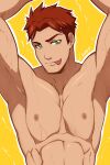  1boy absurdres arms_up artist_name brown_hair dc_comics green_eyes highres kid_flash kuroshinki looking_at_viewer male_focus nipples pectorals seductive_smile short_hair sideburns simple_background smile solo sweat toned toned_male tongue tongue_out upper_body veins veiny_arms wally_west young_justice 