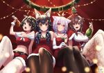  4girls animal_ear_fluff animal_ears antlers arm_up bangs belt black_hair black_legwear bob-the-bison bottle breasts brown_eyes brown_hair capelet cat_ears cat_girl chicken_leg christmas crop_top cup dog_ears dog_girl dress elbow_gloves english_commentary eyebrows_visible_through_hair fake_animal_ears fishnet_legwear fishnets food frown fur-trimmed_capelet fur-trimmed_dress fur-trimmed_shorts fur_trim glass gloves green_eyes hair_between_eyes hair_ornament hairclip holding holding_bottle holding_cup holding_food hololive inugami_korone knee_up leotard long_hair looking_at_viewer medium_breasts midriff multicolored_hair multiple_girls navel nekomata_okayu ookami_mio oozora_subaru open_mouth pantyhose purple_eyes purple_hair red_capelet red_dress red_gloves red_hair red_leotard red_shirt red_shorts shirt short_hair short_shorts shorts sidelocks signature sitting sleeveless sleeveless_dress smirk star_(symbol) strapless strapless_dress streaked_hair swept_bangs thighhighs virtual_youtuber white_gloves white_legwear wolf_ears wolf_girl yellow_eyes 