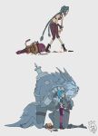  2boys 2girls arcane:_league_of_legends bangs bare_shoulders blood boots braid brown_footwear character_name child choker collarbone ekko_(league_of_legends) from_side gatling_gun grey_background highres hug jinx_(league_of_legends) knee_boots kneeling league_of_legends long_hair lzbros minigun multiple_boys multiple_girls pants powder_(arcane) shorts simple_background spoilers standing striped striped_pants torn_clothes torn_shorts tusks twin_braids very_long_hair vi_(league_of_legends) warwick 