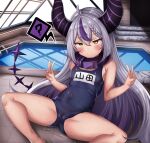  1girl ? blush braid breasts cameltoe collar covered_navel double_v hololive horns la+_darknesss long_hair looking_at_viewer one-piece_swimsuit pointy_ears purple_hair rei_no_pool school_swimsuit shiki_(catbox230123) silver_hair small_breasts solo spoken_question_mark spread_legs swimsuit v very_long_hair virtual_youtuber 