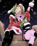  2girls ;o aiue0 alternate_costume artist_name ashido_mina black_legwear black_sclera black_shirt boku_no_hero_academia bottle brown_hair christmas closed_eyes colored_sclera colored_skin crossed_legs dress fur-trimmed_dress fur_trim hat headband highres holding holding_bottle horns long_sleeves multiple_girls night one_eye_closed open_mouth outdoors pink_hair pink_skin red_dress red_skirt red_sweater santa_costume santa_hat shirt short_hair sidelocks sitting skirt sleigh snowing sweater uraraka_ochako winter wrist_cuffs 