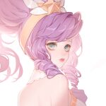 1girl bangs bare_shoulders closed_mouth crown from_side green_eyes grey_background highres janna_(league_of_legends)pink_hair league_of_legends long_hair long_hiar looking_at_viewer looking_to_the_side official_alternate_costume qin_da_xing simple_background solo star_(symbol) star_guardian_(league_of_legends) star_guardian_janna twintails 