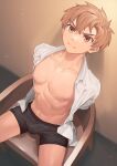  1boy arms_behind_back bangs black_male_underwear boxer_briefs brown_eyes brown_hair bulge chair collarbone dress_shirt from_above highres indoors light_frown looking_at_viewer male_focus male_underwear navel nipples no_pants open_clothes open_shirt original pectorals r-744 shirt short_hair sitting solo underwear white_shirt 