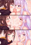  1boy 2girls absurdres ayannon_yumme blush breasts brown_hair cum cum_in_mouth cumdrip ejaculation elf emilia_(re:zero) facial fellatio green_eyes highres large_breasts licking licking_lips licking_penis long_hair looking_at_viewer multiple_fellatio multiple_girls multiple_paizuri oral paizuri panels penis pointy_ears pov purple_eyes re:zero_kara_hajimeru_isekai_seikatsu saliva saliva_trail shaula_(re:zero) sidelocks silver_hair sweat tongue tongue_out 