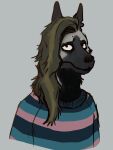 anthro clothing facial_markings hair head_markings hi_res hyaenid looking_at_viewer male mammal markings notched_ear shirt solo strana_(artist) striped_hyena sweater topwear 