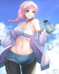  1girl 2021 alkia arknights artist_name bare_shoulders black_pants blue_eyes blue_poison_(arknights) blue_poison_(shoal_beat)_(arknights) blue_shorts blue_sky bottle braid breasts choker cleavage cloud cowboy_shot crop_top day earrings hairband highres holding holding_bottle jacket jewelry large_breasts leggings legwear_under_shorts long_hair long_sleeves looking_at_viewer midriff navel open_clothes open_jacket pants pink_choker pink_hair short_shorts shorts sky smile solo spaghetti_strap standing stomach thighs twin_braids water_drop 