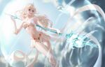  1girl absurdres bangs bare_shoulders bird blonde_hair blue_eyes blurry blurry_background boots breasts cleavage clothing_request cloud gloves hand_up highres holding janna_(league_of_legends) knee_boots league_of_legends long_hair magic medium_breasts navel outdoors parted_lips pointy_ears qin_da_xing skirt solo staff stomach tiara white_bird white_footwear white_gloves wind 