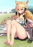  &gt;:) 1girl animal_ear_fluff animal_ears arknights armor bangs bare_legs barefoot black_shorts blonde_hair blue_sky character_name cloud commentary_request day dress eyebrows_visible_through_hair grass headset highres knees_up long_hair looking_at_viewer nearl_(arknights) nearl_the_radiant_knight_(arknights) outdoors short_shorts shorts shoulder_armor sitting sky smile solo thighs v-shaped_eyebrows vambraces white_dress yamauchi_(conan-comy) yellow_eyes 