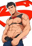 1boy abs absurdres bara black_hair black_shirt blue_eyes blue_pants closed_mouth highres kon-el kuroshinki large_pectorals looking_at_viewer male_focus muscular muscular_male navel nipples pants pectorals shirt shirt_removed short_hair smile solo superboy veins veiny_arms young_justice 