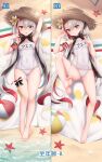  1girl :q arm_behind_head arm_garter arm_up armband ass_visible_through_thighs asymmetrical_bangs azur_lane ball bangs barefoot beach_mat beachball black_bow blush bow breasts brown_headwear closed_mouth colored_inner_hair dakimakura_(medium) eyebrows_visible_through_hair eyes_visible_through_hair feet full_body hair_between_eyes hand_up hat highres leg_up legs_together long_hair looking_at_viewer low_twintails lower_teeth lying maestrale_(azur_lane) multicolored_hair multiple_views nail_polish on_back open_mouth pink_nails red_eyes red_hair ribbon safety_pin sand silver_hair small_breasts soles spread_legs starfish straw_hat swimsuit teeth thigh_gap thigh_ribbon toes tongue tongue_out twintails two-tone_hair very_long_hair water white_ribbon white_swimsuit yutian_alice 