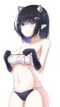  1girl absurdres alternate_hairstyle azur_lane bangs bare_shoulders bikini bikini_bottom black_gloves black_hair blue_bikini blue_eyes blunt_bangs breasts cien_(shikanokuni) cleavage closed_mouth collarbone commentary cowboy_shot elbow_gloves eyebrows_visible_through_hair gloves groin hair_ornament hair_over_eyes hairclip head_fins headgear highres i-56_(azur_lane) medium_breasts medium_hair midriff navel sidelocks simple_background solo standing strapless swimsuit taut_clothes tube_top tube_top_pull white_background white_tube_top 