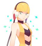 1girl bangs bare_arms blonde_hair blunt_bangs closed_mouth collarbone commentary_request elesa_(pokemon) green_eyes headphones jaho pokemon pokemon_(game) pokemon_bw shiny shiny_hair short_hair sleeveless solo sparkle transparent_background upper_body 