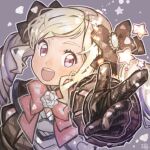  1girl bangs blonde_hair bow drill_hair elise_(fire_emblem) fire_emblem fire_emblem_fates flower gloves long_hair looking_at_viewer outstretched_arm purple_eyes ribbon sanmamaguro solo twin_drills upper_body 