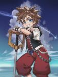  1boy blue_eyes brown_hair child commentary_request highres keyblade kingdom_hearts male_focus night night_sky outdoors sky solo sora_(kingdom_hearts) teeth whinghope 