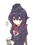  1girl blue_archive blush buttons chibikki coffee_cup cup disposable_cup eyebrows_visible_through_hair garrison_cap hair_between_eyes haruka_(blue_archive) hat heart holding holding_cup looking_at_viewer military military_hat military_uniform puffy_sleeves purple_eyes purple_hair scarf solo uniform 