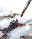  1boy aether_(genshin_impact) black_gloves blonde_hair blood blood_on_ground blood_on_weapon braid corpse genshin_impact gloves highres implied_death long_hair lying male_focus out_of_frame outdoors shiraishi_(siraisi00) single_braid snow solo_focus sword twitter_username weapon 