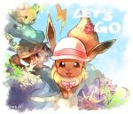  1girl :d aerodactyl baseball_cap brown_eyes brown_hair brown_headwear chinese_clothes commentary_request copyright_name dated day eevee elaine_(pokemon) gengar hat hatted_pokemon huan_li looking_at_viewer looking_back ninetales open_mouth outdoors pokemon pokemon_(creature) pokemon_(game) pokemon_lgpe raichu shirt sky smile starmie tongue white_headwear 