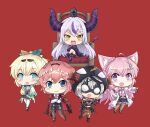  5girls animal_ears animal_hood animal_on_head aqua_eyes bird bird_on_head blonde_hair blue_eyes bow chibi colonel_aki crossed_arms crossed_legs crow_(la+_darknesss) english_commentary grey_hair hair_between_eyes hair_bow hair_ornament hakui_koyori haori head_wings hololive holox hood hood_up horns jackal_ears japanese_clothes kazama_iroha la+_darknesss labcoat long_hair mask multiple_girls on_head open_mouthang pantyhose pink_hair purple_eyes sakamata_chloe short_hair sleeves_past_wrists takane_lui thighhighs throne torn_clothes virtual_youtuber white_hair yellow_eyes 