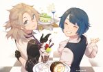  2boys albedo_(genshin_impact) arm_behind_back bangs black_gloves black_shirt black_vest blue_eyes blue_hair cake checkered_floor closed_eyes cup dessert english_commentary food fork genshin_impact gloves grey_hair grin hair_between_eyes head_tilt highres holding holding_tray looking_at_viewer male_focus multiple_boys official_alternate_costume shirt signature smile tray vest waiter white_shirt white_vest xingqiu_(genshin_impact) yuelight 