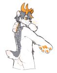  anthro antlers asnnonaka balls belly_tuft biped black_nose cheek_tuft chest_tuft claws elbow_tufts facial_tuft fur genitals glistening glistening_eyes grey_body grey_fur grey_hair grey_tail hair hi_res horn male multicolored_hair orange_antlers orange_body orange_ears orange_eyes orange_fur orange_hair orange_pawpads pawpads simple_background smile solo spots spotted_body spotted_fur tuft two_tone_hair whiskers white_background white_balls white_body white_ears white_fur white_inner_ear white_spots white_tail 