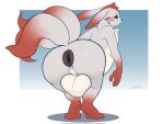  anthro anus balls bent_over big_balls big_butt butt dreiker feet fur genitals hi_res looking_at_viewer looking_back male mammal multi_tail mythological_carbuncle mythology nude presenting presenting_hindquarters red_body red_fur soles solo standing white_body white_fur 