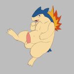  absurd_res balls belly big_belly feral genitals hi_res male mammal nintendo nova_nsfw overweight penis pok&eacute;mon pok&eacute;mon_(species) raised_leg simple_background slightly_chubby solo typhlosion video_games 