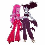  2girls adventure_time alternate_costume artist_logo bangs black_hair colored_skin full_body grey_skin hair_bun hand_on_hip highres long_hair marceline_abadeer multiple_girls pink_hair pink_skin pointy_ears princess_bonnibel_bubblegum smile standing symbol-only_commentary very_long_hair viteloii white_background yuri 