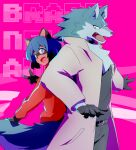  anthro belt black_ears black_highlights blue_body blue_fur blue_hair blue_tail bottomwear brand_new_animal canid canine canis clothed clothing duo fully_clothed fur fur_tuft gesture hair hand_on_tail hi_res highlights_(coloring) mammal michiru_kagemori multicolored_hair raccoon_dog red_clothing red_topwear sakehabera shirou_ogami studio_trigger tanuki teeth tongue topwear tuft two_tone_hair v_sign wolf 