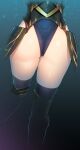 1girl armor armored_dress ass black_background black_legwear black_leotard blue_background blurry bokeh boots commentary corrin_(fire_emblem) depth_of_field fire_emblem fire_emblem_fates gradient gradient_background highleg highleg_leotard highres kashiwamochi_yomogi leotard leotard_under_clothes light_particles lower_body simple_background solo thigh_boots thighhighs thighhighs_under_boots thighs 