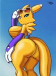  anthro bandai_namco big_breasts big_butt black_sclera breasts butt clothing digimon digimon_(species) digital_media_(artwork) female fur hi_res looking_at_viewer mammal renamon simple_background solo swimwear tansau thick_thighs white_body white_fur wide_hips yellow_body yellow_fur 
