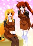  2girls blonde_hair breasts couple engo_(aquawatery) eye_contact fate_testarossa happy long_hair looking_at_another lyrical_nanoha mahou_shoujo_lyrical_nanoha mahou_shoujo_lyrical_nanoha_strikers military mizuki_nana multiple_girls neck_ribbon orange_hair purple_eyes red_eyes red_ribbon ribbon side_ponytail simple_background skirt smile takamachi_nanoha tamura_yukari thighhighs tsab_ground_military_uniform uniform very_long_hair yuri zettai_ryouiki 