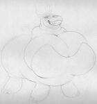  big_breasts blush breasts centaurworld eyelashes female fingers grin hair hippopotamid huge_breasts hyper hyper_breasts mammal monochrome ponytail sbshouseofpancakes sketch small_tail smile solo taur tongue waterbaby 