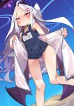  1girl absurdres beach blue_archive demon_horns demon_wings embarrassed forehead hair_ornament hairpin halo highres hina_(blue_archive) holding holding_towel horns koyansuee long_hair purple_eyes school_swimsuit side_ponytail silver_hair sky swimsuit towel towel_around_waist very_long_hair wings 