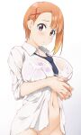  1girl bangs between_breasts blue_necktie bottomless bra_visible_through_clothes bralines breasts collared_shirt hair_ornament hairclip hinata_masaki large_breasts light_blush looking_at_viewer mieruko-chan naked_shirt navel necktie necktie_between_breasts no_panties orange_hair own_hands_together parted_lips purple_eyes see-through shirt short_hair simple_background sleeves_rolled_up solo unbuttoned upper_body wet wet_clothes wet_shirt white_background white_shirt yurikawa_hana 