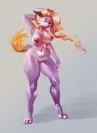  anthro barely_visible_genitalia barely_visible_pussy blonde_hair breasts female female/female genitals hair hi_res nipples nuxinara overweight purple_body pussy red_nipples solo yellow_tail 