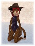  2021 absurd_res anthro bulge clothed clothing cowboy_hat digital_media_(artwork) erection erection_under_clothing felid felin gynomorph hair hat headgear headwear hi_res intersex kawa kawaoneechan mammal one-piece_swimsuit red_hair sitting smile solo swimwear 