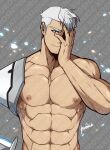  1boy abs absurdres artist_name bara closed_mouth covering_one_eye hand_on_own_face highres kuroshinki large_pectorals looking_at_viewer male_focus mechanical_arms muscular muscular_male navel nipples pectorals prosthesis prosthetic_arm scar scar_on_face scar_on_nose short_hair sideburns simple_background single_mechanical_arm smile solo takashi_shirogane upper_body voltron:_legendary_defender white_hair 