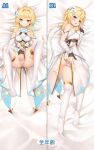  1girl bangs blonde_hair blush dakimakura_(medium) detached_sleeves dress eyebrows_visible_through_hair flower full_body genshin_impact hair_flower hair_ornament hand_on_own_ass hand_on_own_crotch hand_on_own_thigh hand_up highres legs_up looking_at_viewer lumine_(genshin_impact) lying medium_hair multiple_views no_shoes on_back on_bed on_side panties soles spread_legs thighhighs underwear white_dress white_legwear white_panties yellow_eyes yutian_alice 