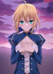  1girl absurdres ahoge artoria_pendragon_(fate) bangs blonde_hair blue_dress blue_ribbon blush closed_mouth clothing_cutout cloud dress eyebrows_visible_through_hair fate/stay_night fate_(series) green_eyes hair_between_eyes hair_ribbon hands_on_own_chest highres juliet_sleeves long_sleeves looking_at_viewer outdoors puffy_sleeves purple_sky ribbon saber short_hair sidelocks sky smile solo upper_body yuyuenimo 