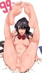  1girl anus areolae ass bangs barefoot black_eyes black_hair breasts bukkake commentary_request cum cum_in_ass cumdrip highres komi-san_wa_komyushou_desu komi_shouko legs_up long_hair mamimi_(mamamimi) navel neck_ribbon pussy ribbon saliva sitting snot solo tears tongue tongue_out 